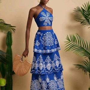 2 Piece Blue Printed Tiered Maxi Skirt and Halter Top.